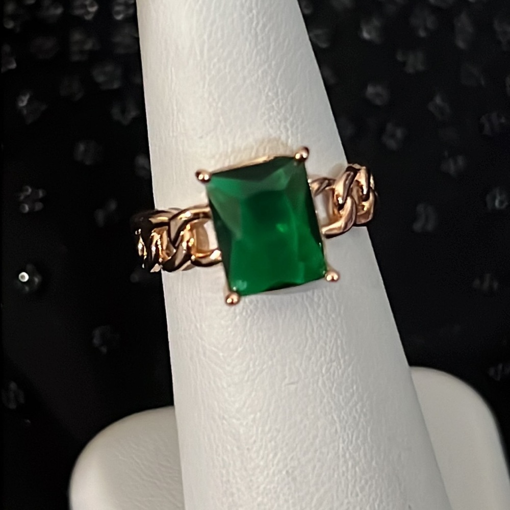 Gold Plated Lab Emerald open band Ring size 7 adjustable
